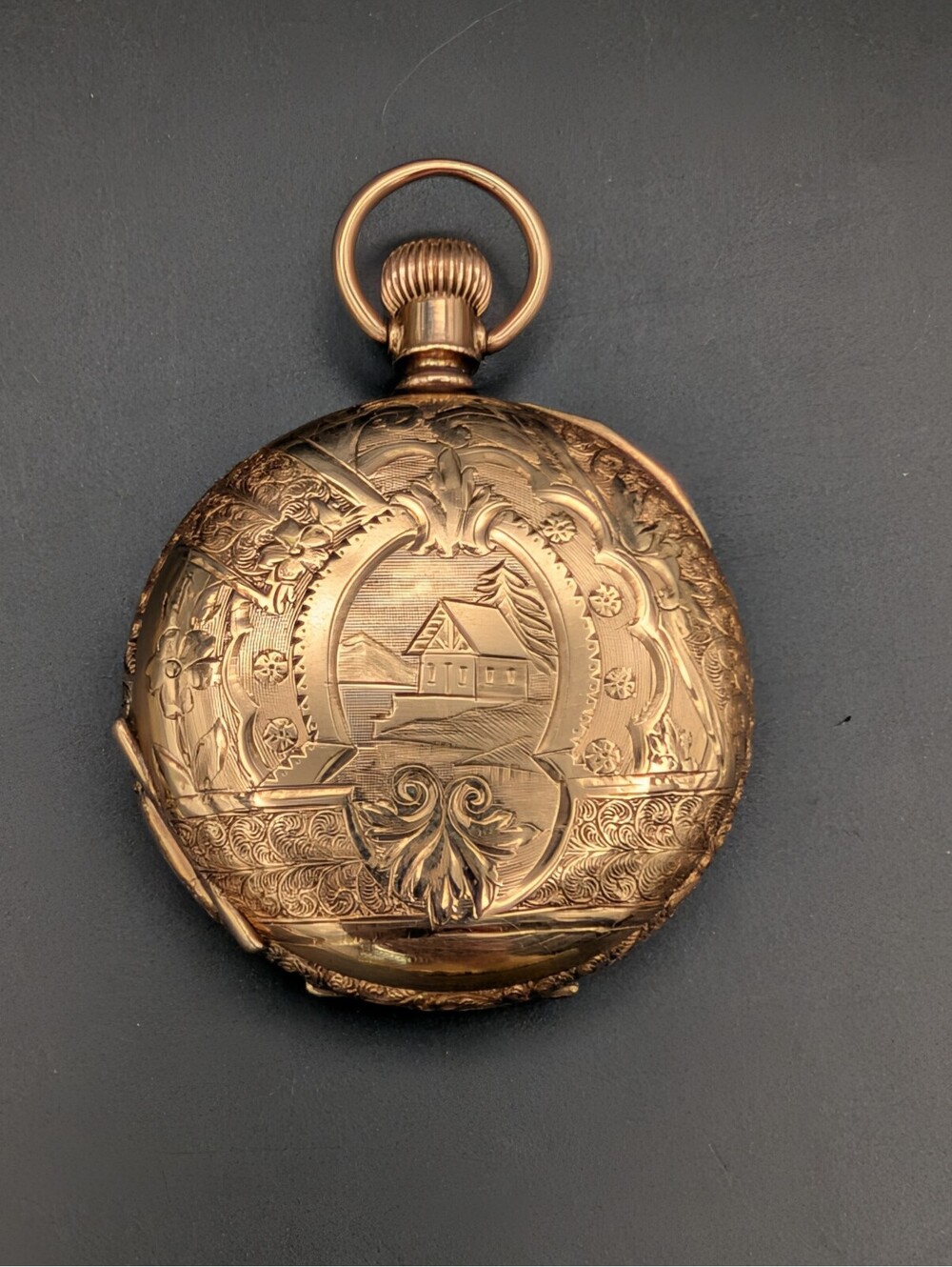 Victorian Jas Boss 14K Gold Filled Pocket Watch Case Hand Engraved Cabin Scene